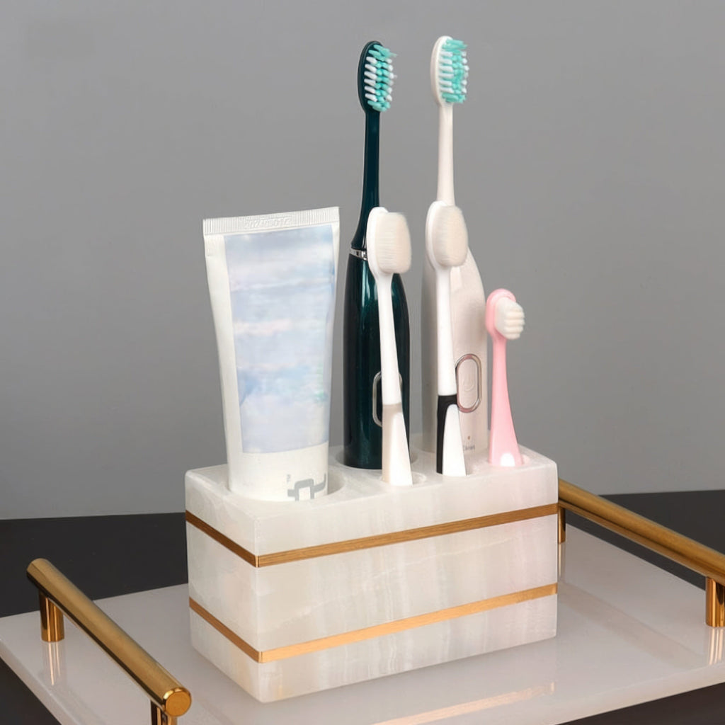 Bathroom Set in Marble Look with Gold Rim, Soap Dispenser, Toothbrush Holder, Tray
