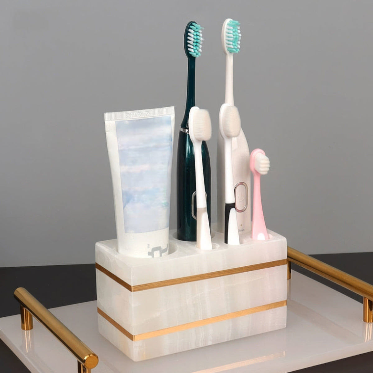 Bathroom Set in Marble Look with Gold Rim, Soap Dispenser, Toothbrush Holder, Tray