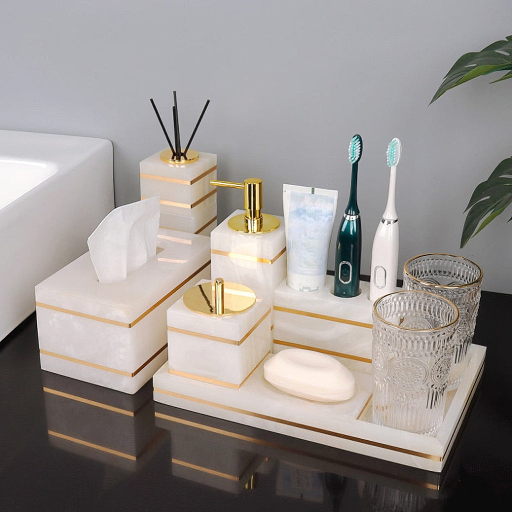 Bathroom Set in Marble Look with Gold Rim, Soap Dispenser, Toothbrush Holder, Tray
