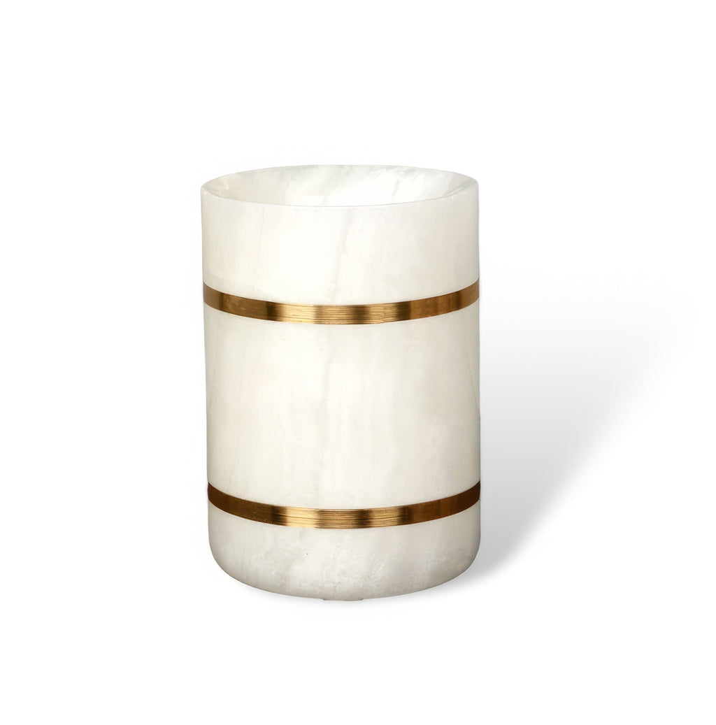 Bathroom Set in Marble Look with Gold Rim, Soap Dispenser, Toothbrush Holder, Tray