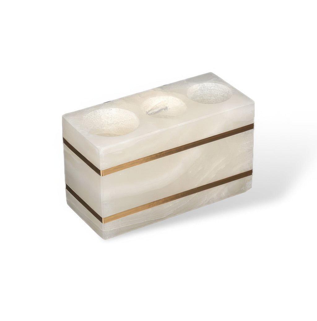 Bathroom Set in Marble Look with Gold Rim, Soap Dispenser, Toothbrush Holder, Tray