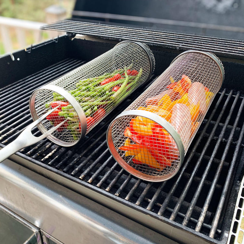 Grillkorb Rollend aus Edelstahl 304 mit Seitenklappe Zylindrisch für Gemüse Fleisch und Garnelen Spülmaschinenfest