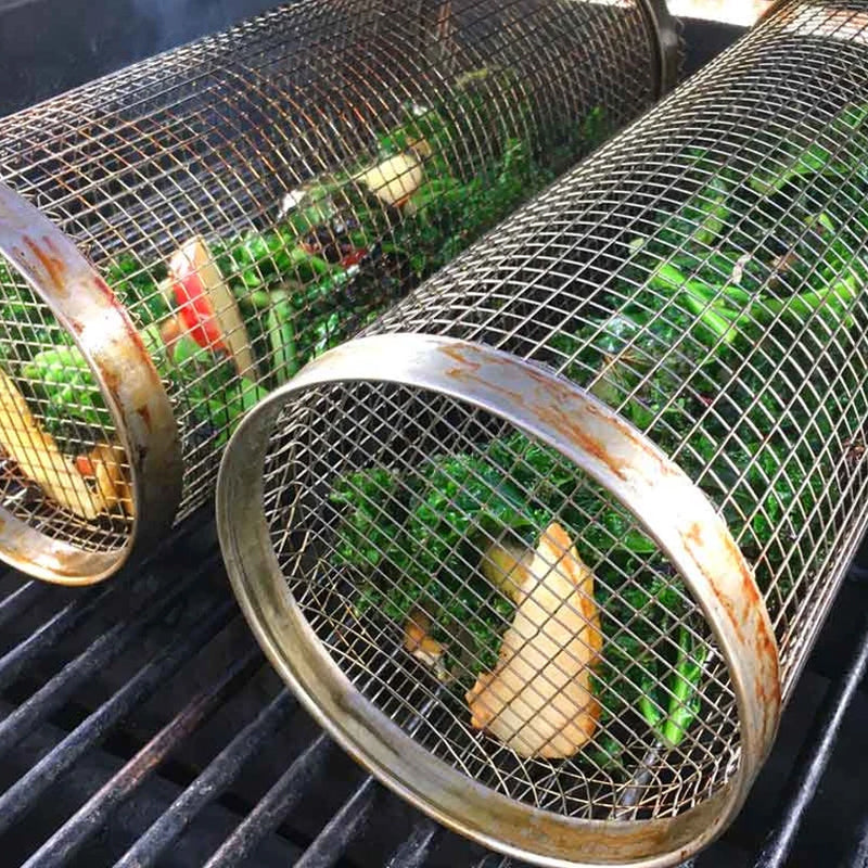 Grillkorb Rollend aus Edelstahl 304 mit Seitenklappe Zylindrisch für Gemüse Fleisch und Garnelen Spülmaschinenfest