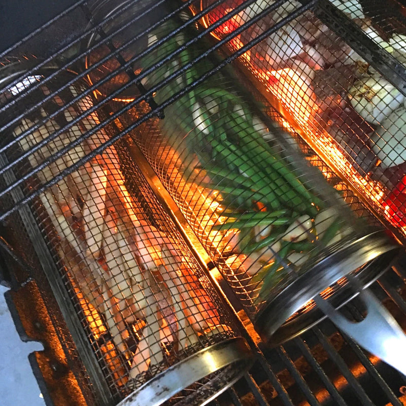 Grillkorb Rollend aus Edelstahl 304 mit Seitenklappe Zylindrisch für Gemüse Fleisch und Garnelen Spülmaschinenfest
