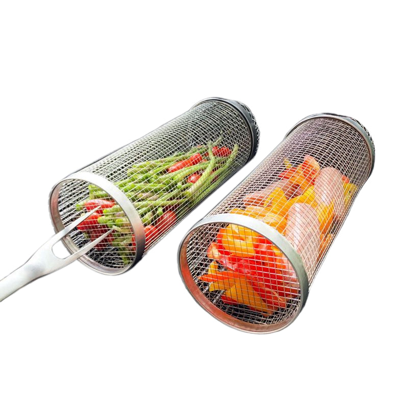 Grillkorb Rollend aus Edelstahl 304 mit Seitenklappe Zylindrisch für Gemüse Fleisch und Garnelen Spülmaschinenfest