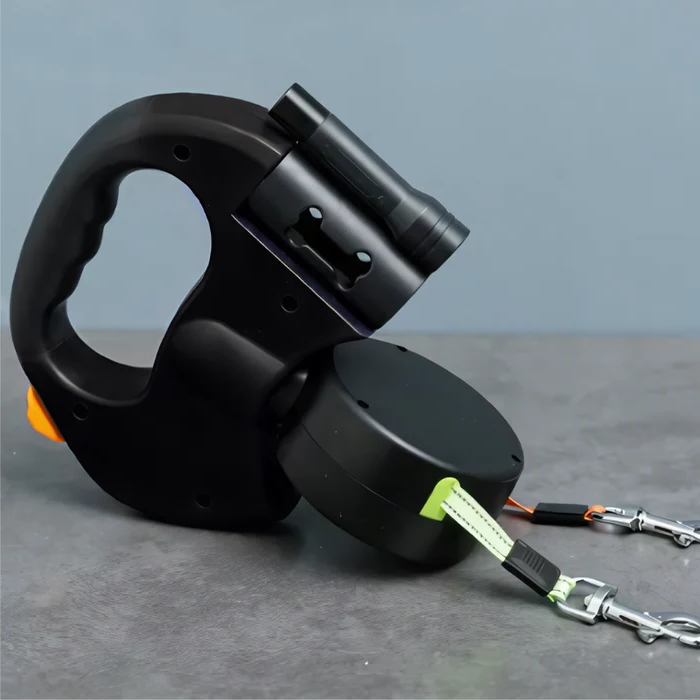 Retractable Dual Dog Leash with 360-Degree Swivel Tangle-Free LED Light and Reflective Strip for Two Dogs up to 60 kg