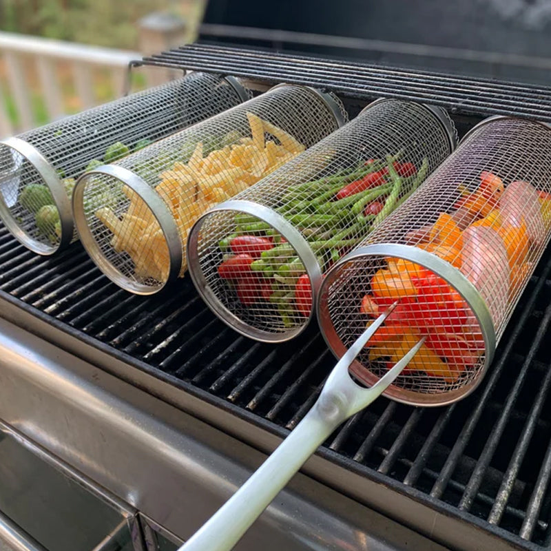 Grillkorb Rollend aus Edelstahl 304 mit Seitenklappe Zylindrisch für Gemüse Fleisch und Garnelen Spülmaschinenfest