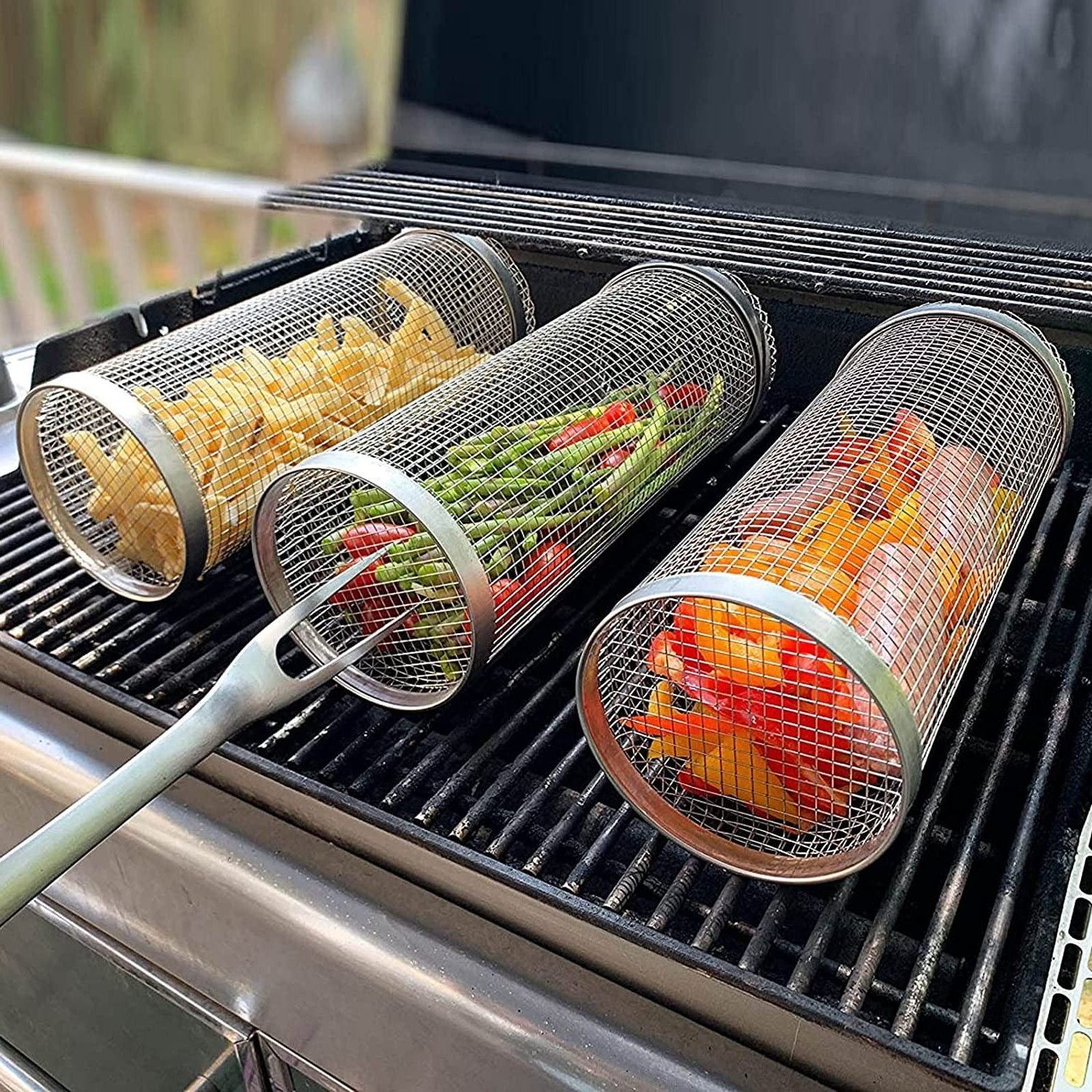 Grillkorb Rollend aus Edelstahl 304 mit Seitenklappe Zylindrisch für Gemüse Fleisch und Garnelen Spülmaschinenfest