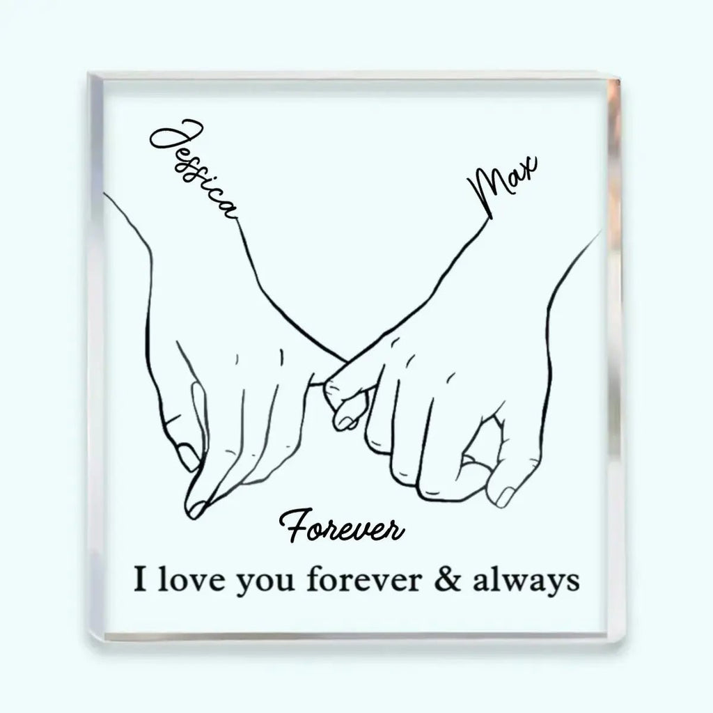 Personalisierte Acrylglas-Platte für Paare mit Namen und Spruch Line-Art Hände Freistehend Geschenk zum Jahrestag und Valentinstag - Bolania