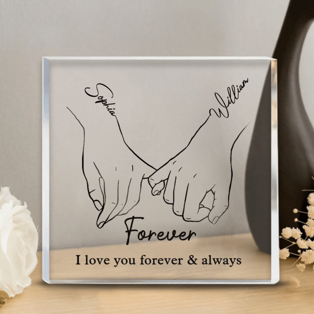 Personalisierte Acrylglas-Platte für Paare mit Namen und Spruch Line-Art Hände Freistehend Geschenk zum Jahrestag und Valentinstag - Bolania