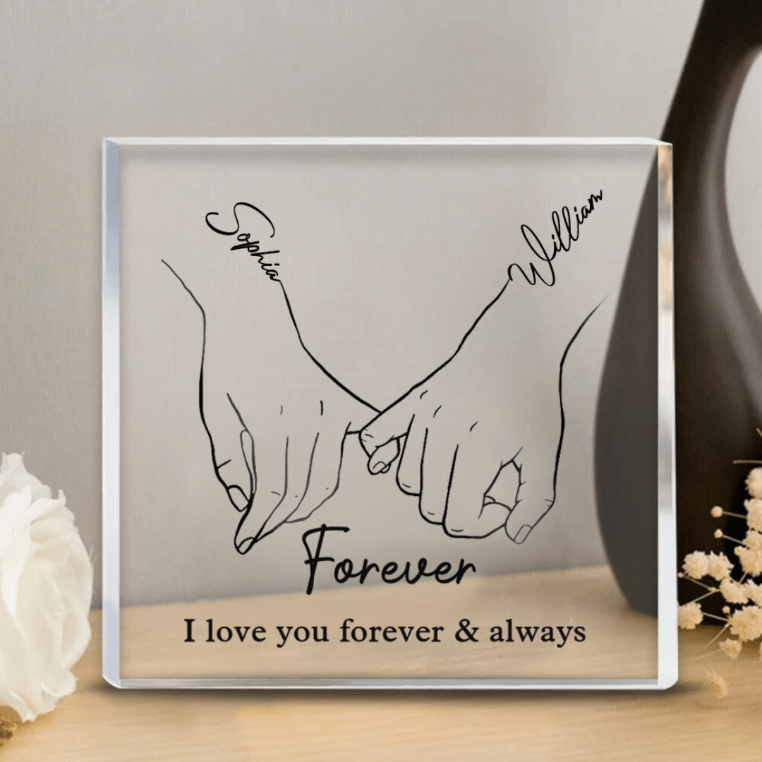 Personalisierte Acrylglas-Platte für Paare mit Namen und Spruch Line-Art Hände Freistehend Geschenk zum Jahrestag und Valentinstag - Bolania