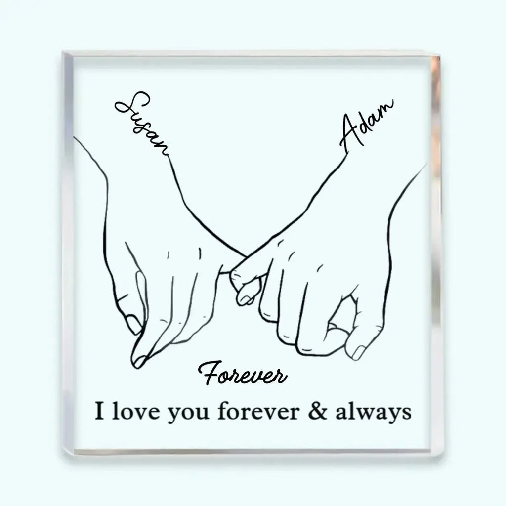 Personalisierte Acrylglas-Platte für Paare mit Namen und Spruch Line-Art Hände Freistehend Geschenk zum Jahrestag und Valentinstag - Bolania