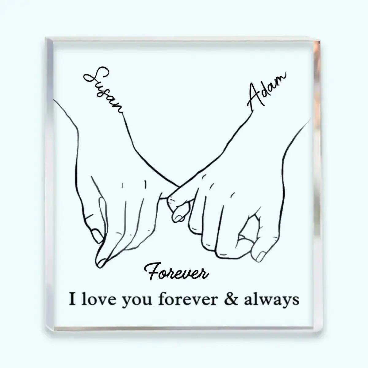 Personalisierte Acrylglas-Platte für Paare mit Namen und Spruch Line-Art Hände Freistehend Geschenk zum Jahrestag und Valentinstag - Bolania