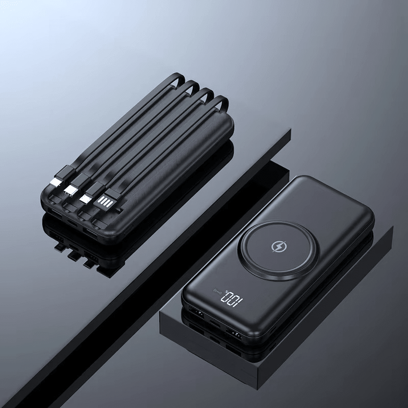 Powerbank 20000mAh mit 4 Integrierten Kabeln Kabelloses Laden LED - Display 6 Anschlüsse USB - C Lightning Micro - USB PD 2.0 und QC 2.0 - Bolania