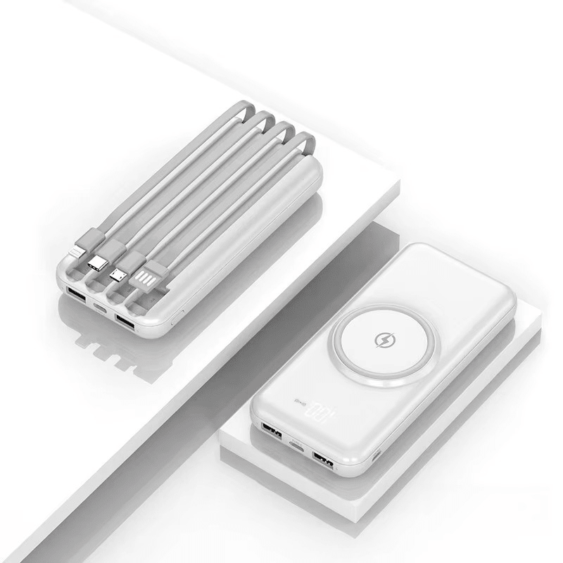 Powerbank 20000mAh mit 4 Integrierten Kabeln Kabelloses Laden LED - Display 6 Anschlüsse USB - C Lightning Micro - USB PD 2.0 und QC 2.0 - Bolania