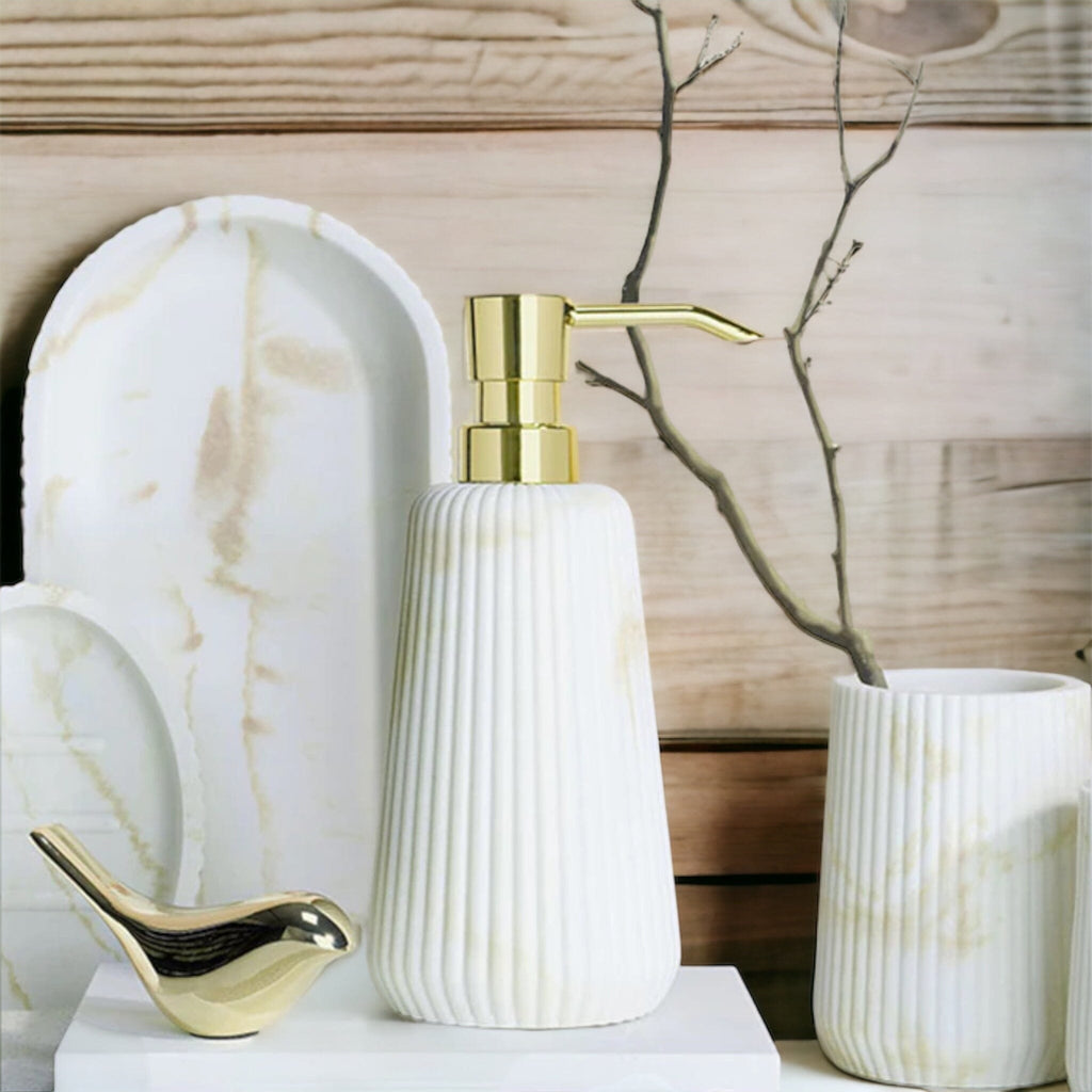 Bathroom Accessories in Marble Look with Ribbed Structure, Soap Dispenser, Tumbler and Storage Tray