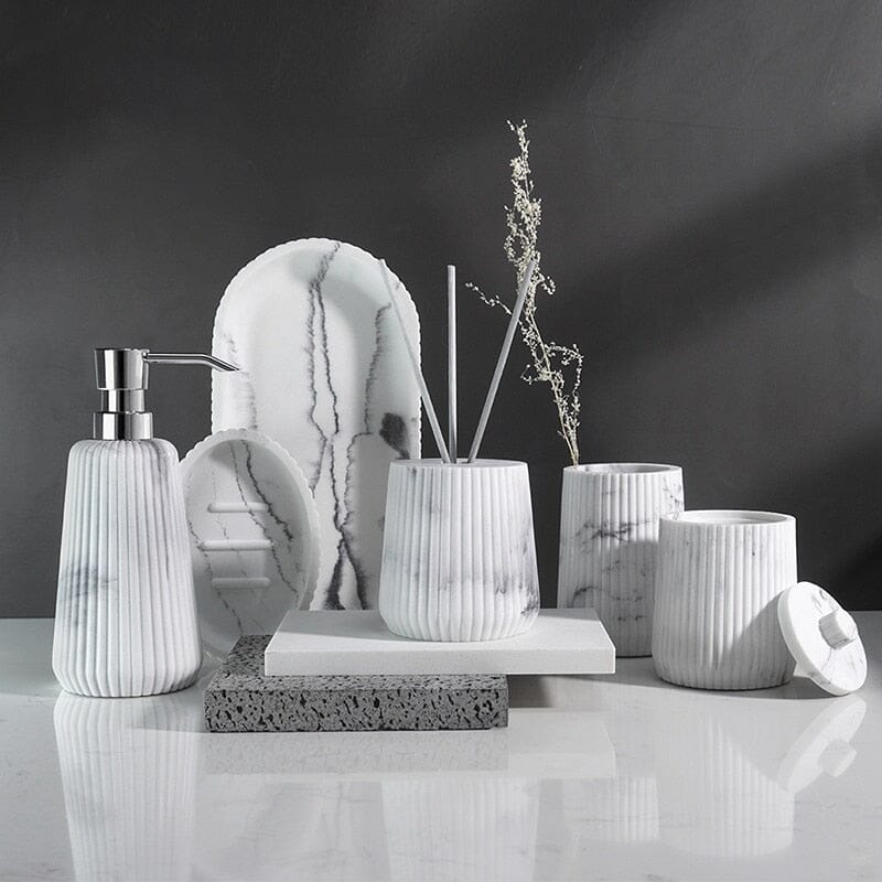 Bathroom Accessories in Marble Look with Ribbed Structure, Soap Dispenser, Tumbler and Storage Tray