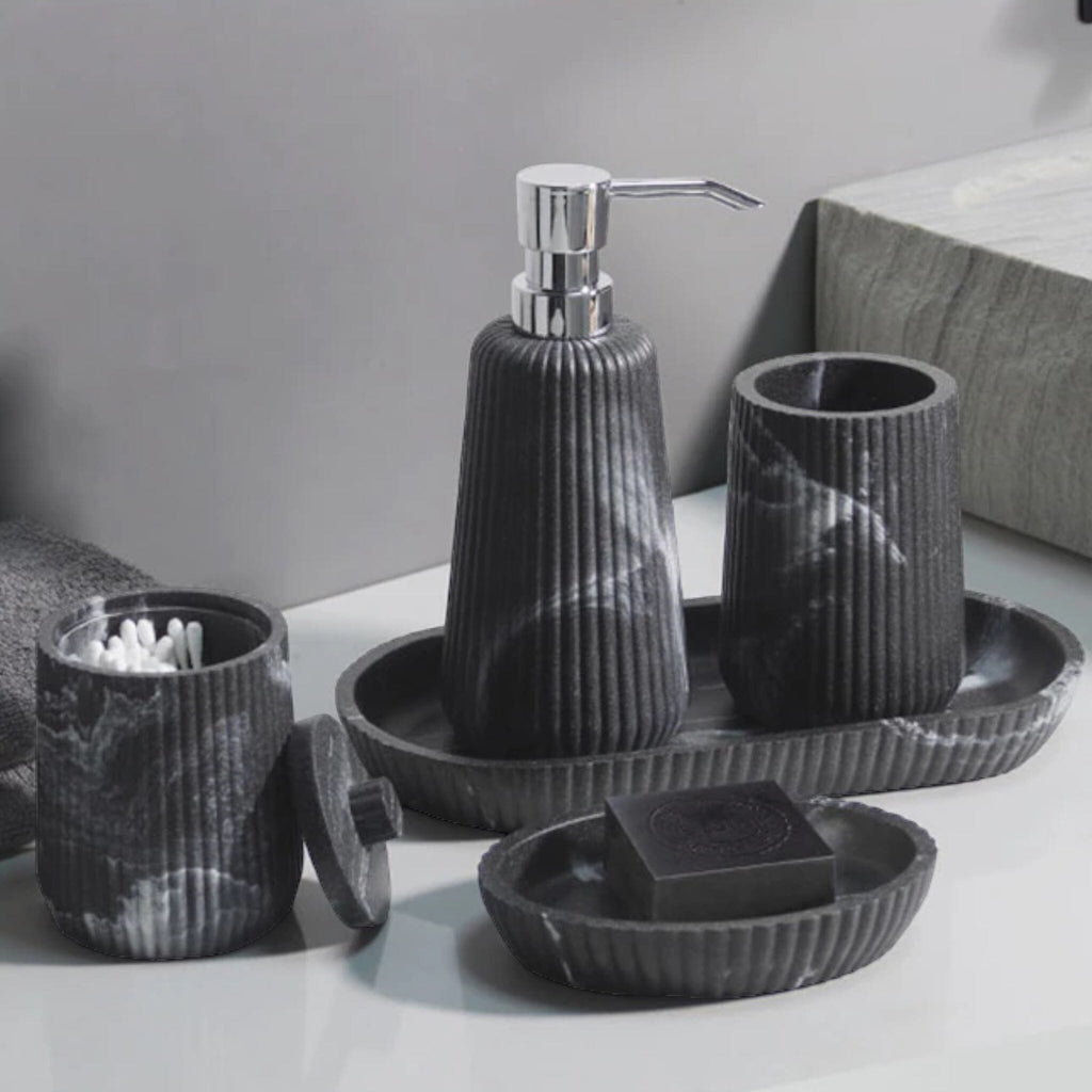 Bathroom Accessories in Marble Look with Ribbed Structure, Soap Dispenser, Tumbler and Storage Tray