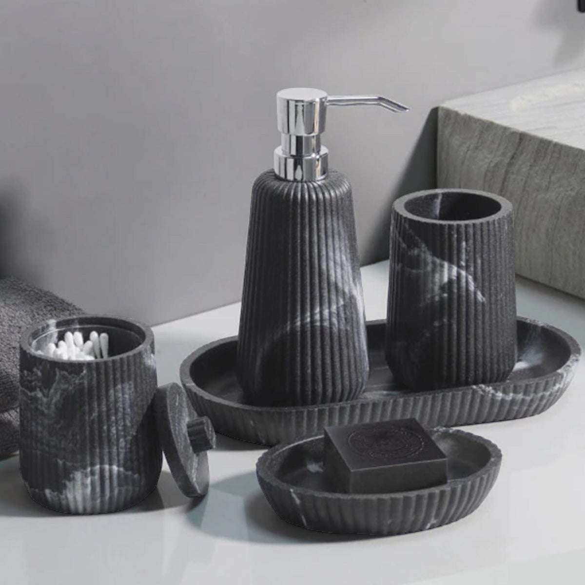 Bathroom Accessories in Marble Look with Ribbed Structure, Soap Dispenser, Tumbler and Storage Tray