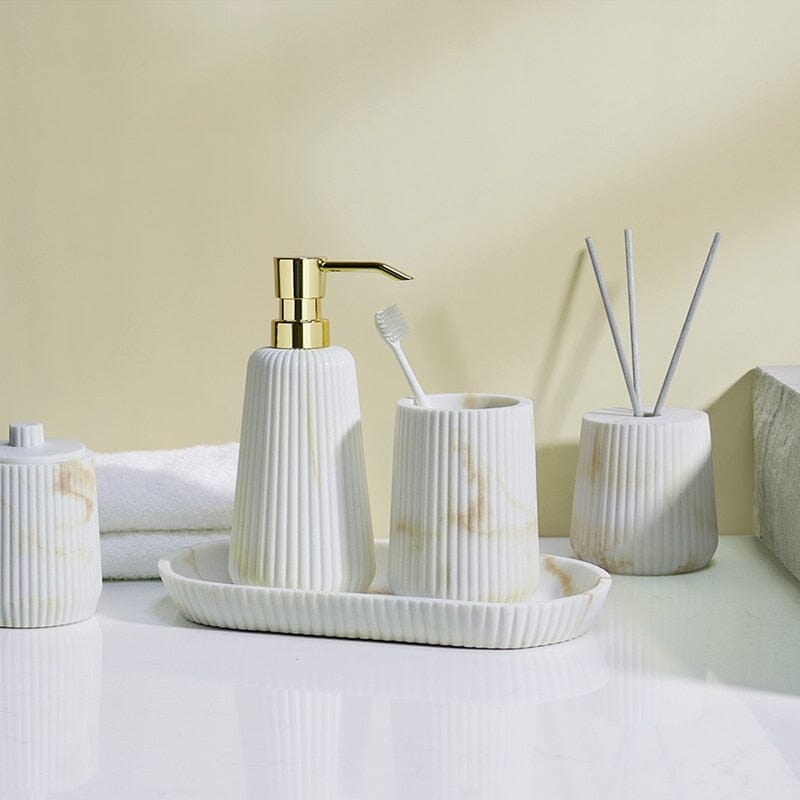 Bathroom Accessories in Marble Look with Ribbed Structure, Soap Dispenser, Tumbler and Storage Tray