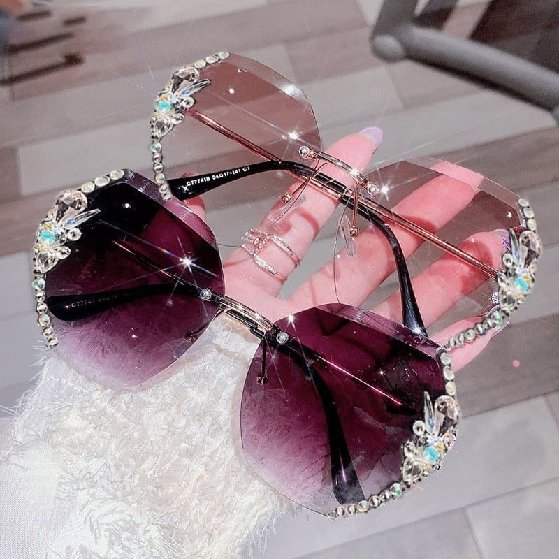 Randlose Sonnenbrille mit Strass - Steinen Übergroße Geometrische Gläser mit Verlaufstönung UV400 - Schutz für Damen - Bolania