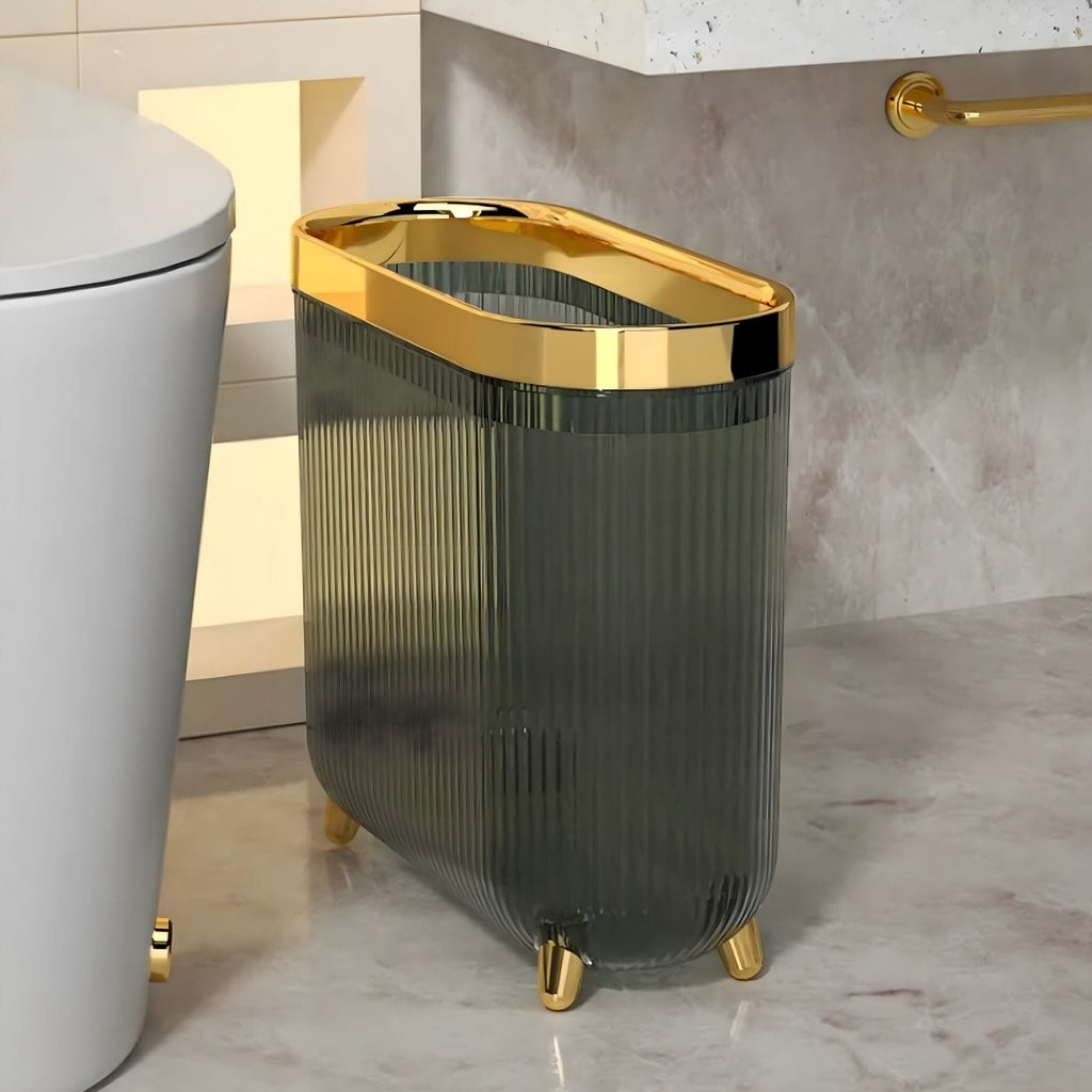 Waste Bin for the Bathroom with Grooved Texture and Gold Rim, Slim with Feet, Without Lid