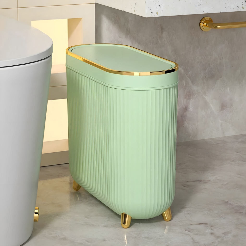 Waste Bin for the Bathroom with Grooved Texture and Gold Rim, Slim with Feet, Without Lid