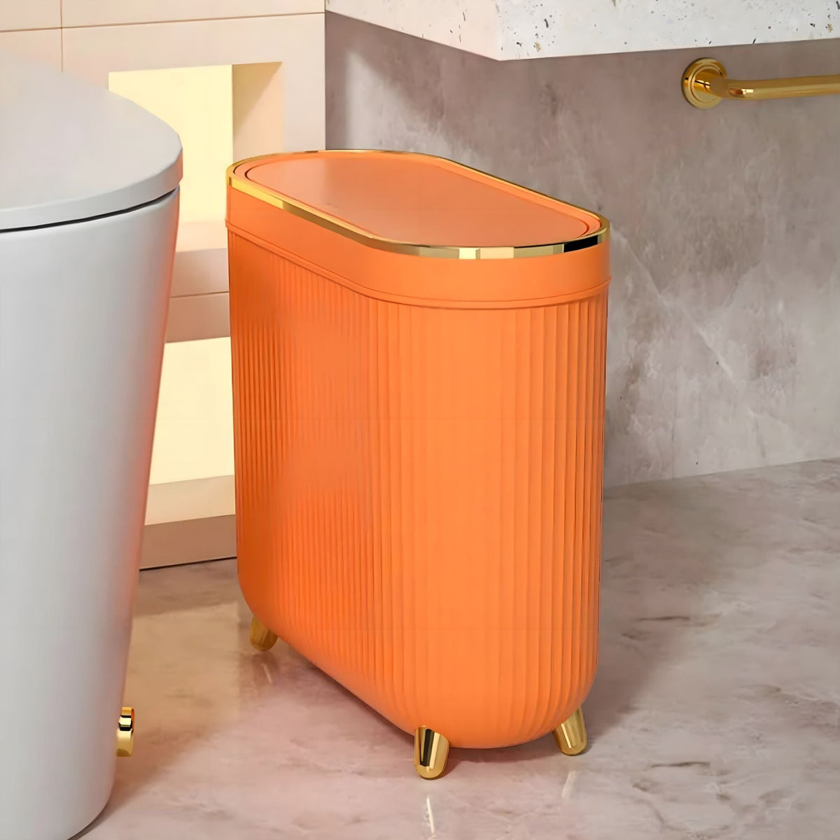 Waste Bin for the Bathroom with Grooved Texture and Gold Rim, Slim with Feet, Without Lid