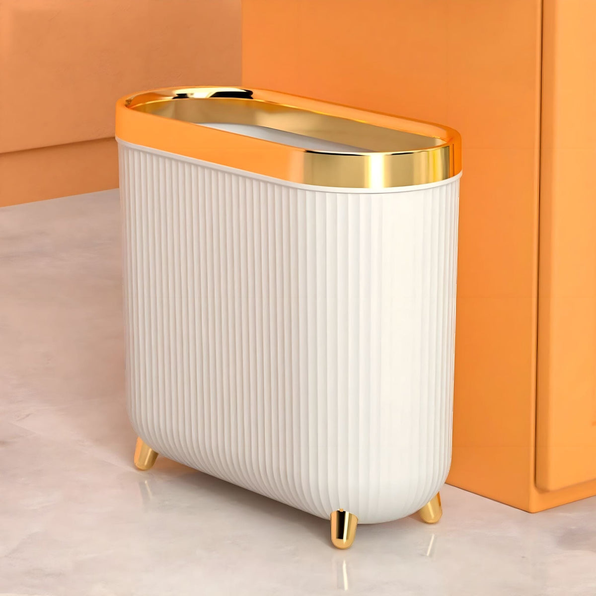 Waste Bin for the Bathroom with Grooved Texture and Gold Rim, Slim with Feet, Without Lid