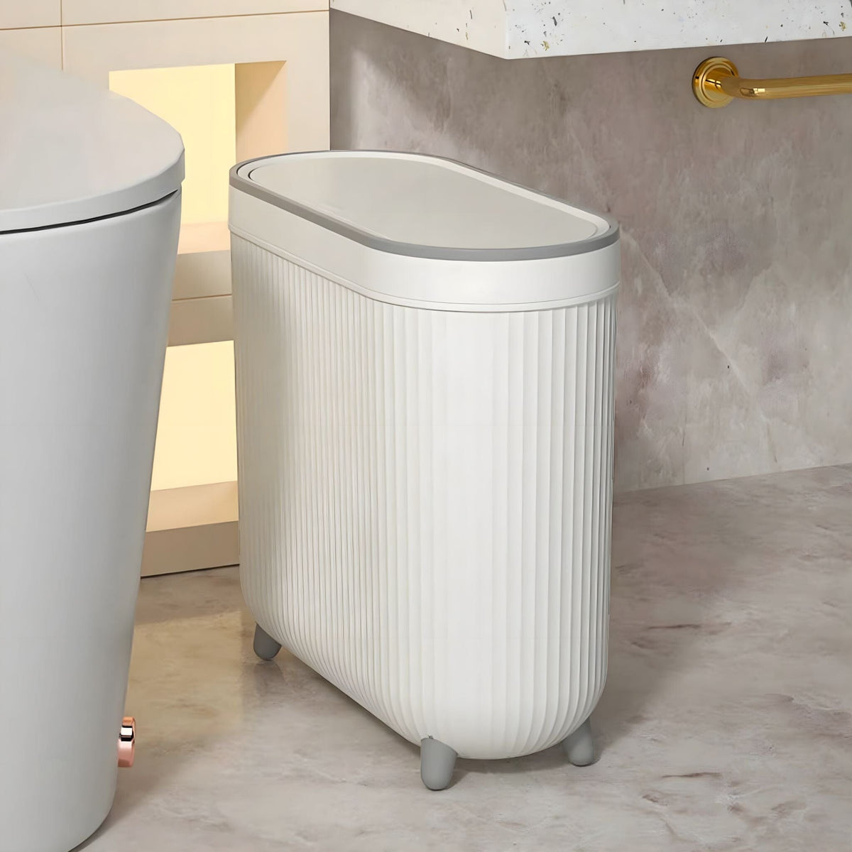 Waste Bin for the Bathroom with Grooved Texture and Gold Rim, Slim with Feet, Without Lid