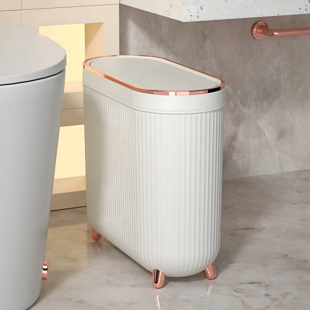 Waste Bin for the Bathroom with Grooved Texture and Gold Rim, Slim with Feet, Without Lid
