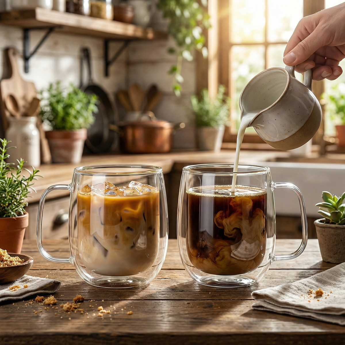 Doppelwandige Kaffeegläser aus Glas mit Henkel, 350 ml (11,8 fl oz), Schwebeeffekt und Isolierend