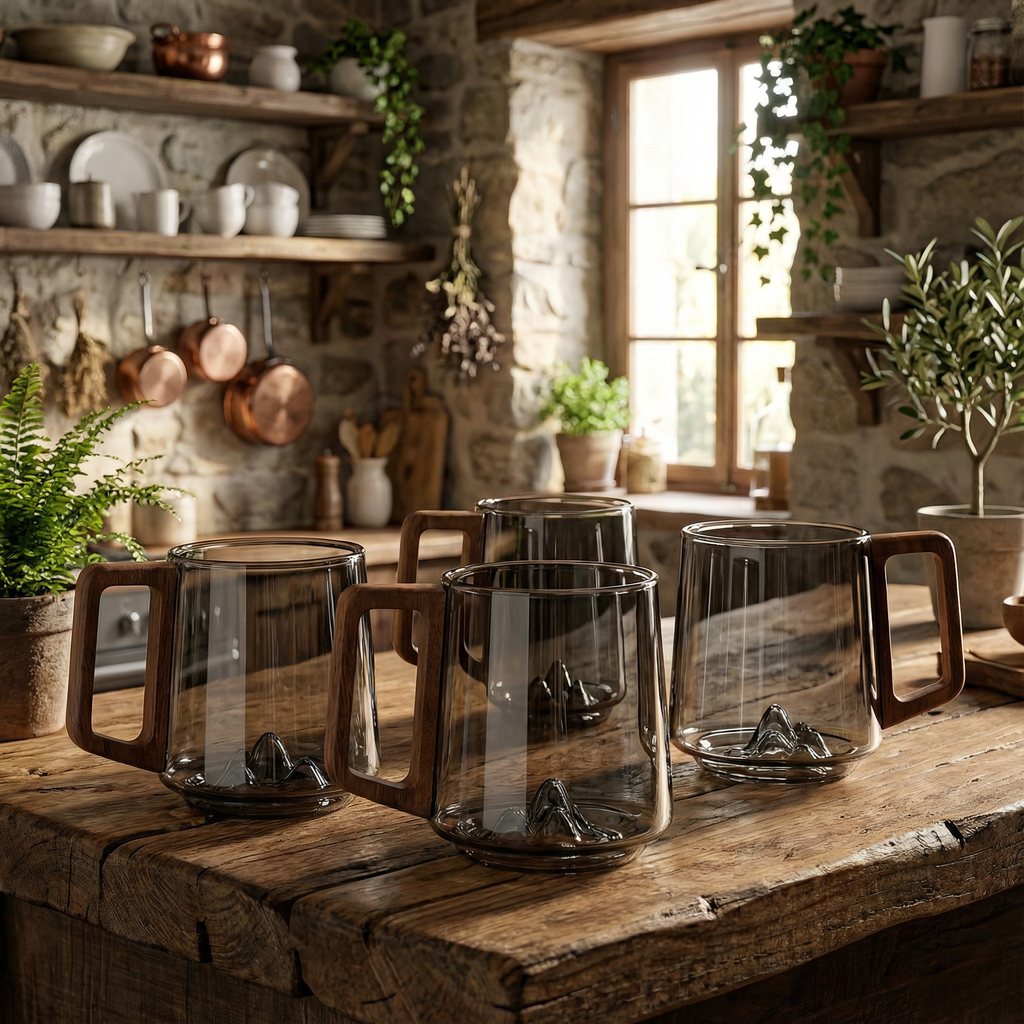 Kaffeebecher Glas Rauchgrau mit Holzgriff, Bergform im Inneren, 450 ml (15,2 fl oz)