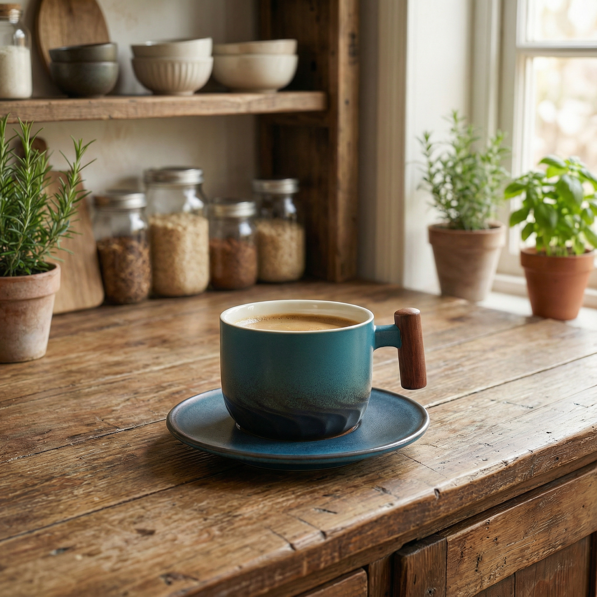 Kaffeetasse Keramik mit Holzgriff und Untertasse, Matte Glasur, 180 ml (6,1 fl oz)
