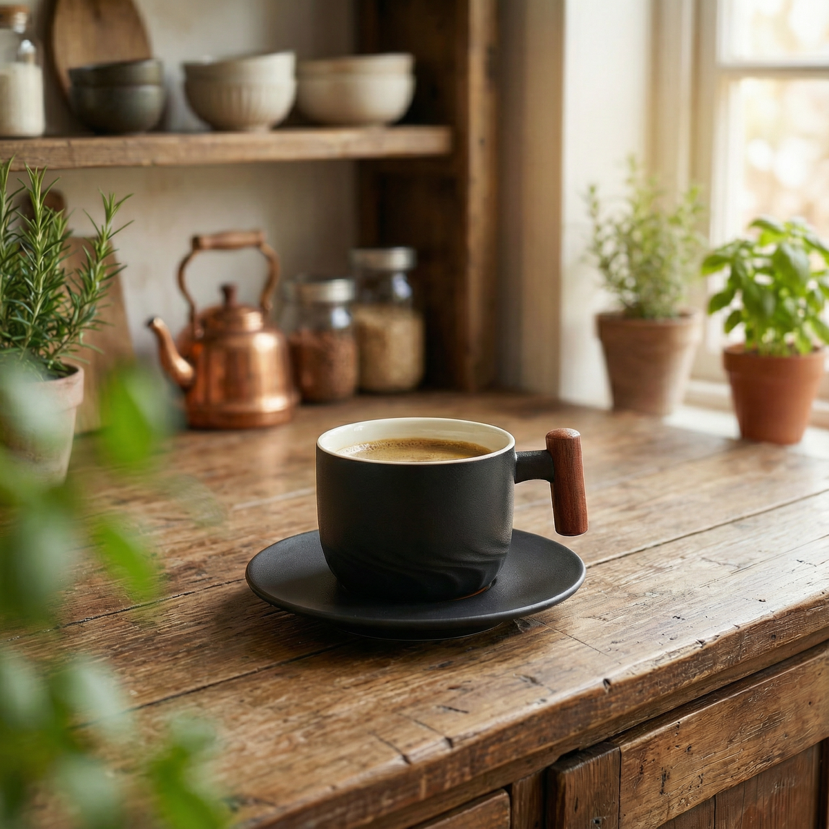 Kaffeetasse Keramik mit Holzgriff und Untertasse, Matte Glasur, 180 ml (6,1 fl oz)
