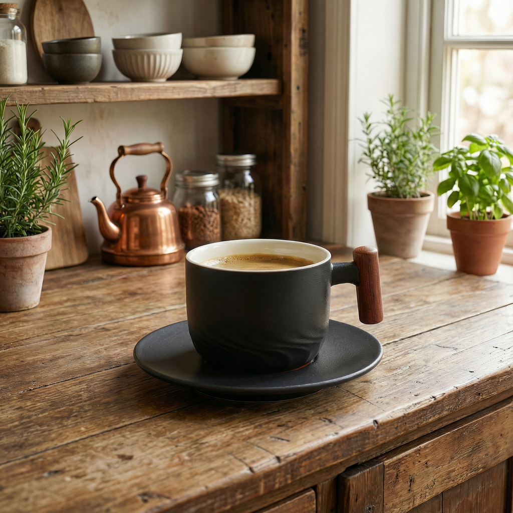 Kaffeetasse Keramik mit Holzgriff und Untertasse, Matte Glasur, 180 ml (6,1 fl oz)