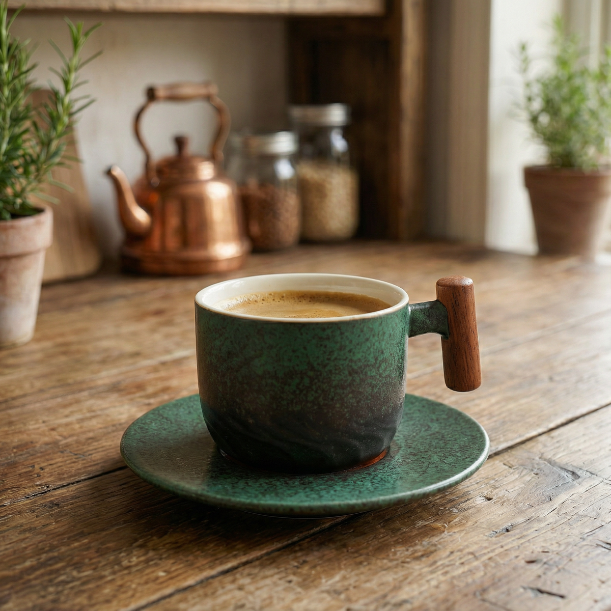 Kaffeetasse Keramik mit Holzgriff und Untertasse, Matte Glasur, 180 ml (6,1 fl oz)