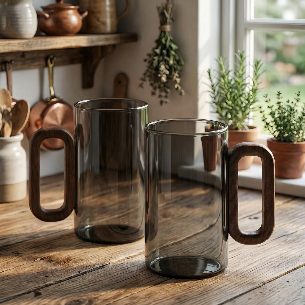 Kaffeegläser aus Rauchglas mit Holzgriff, 350 ml (11,8 fl oz), Schlanke Zylinderform