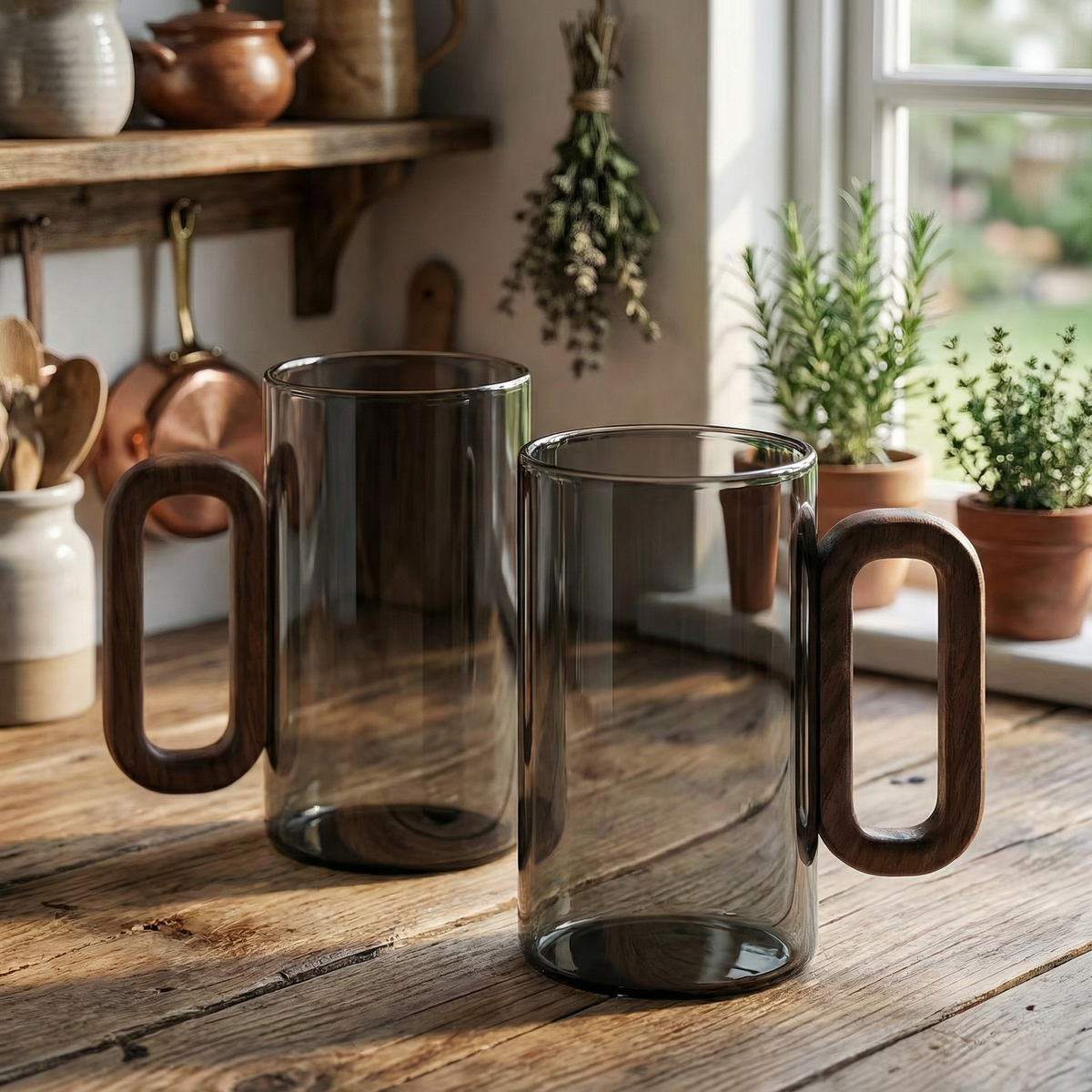 Kaffeegläser aus Rauchglas mit Holzgriff, 350 ml (11,8 fl oz), Schlanke Zylinderform