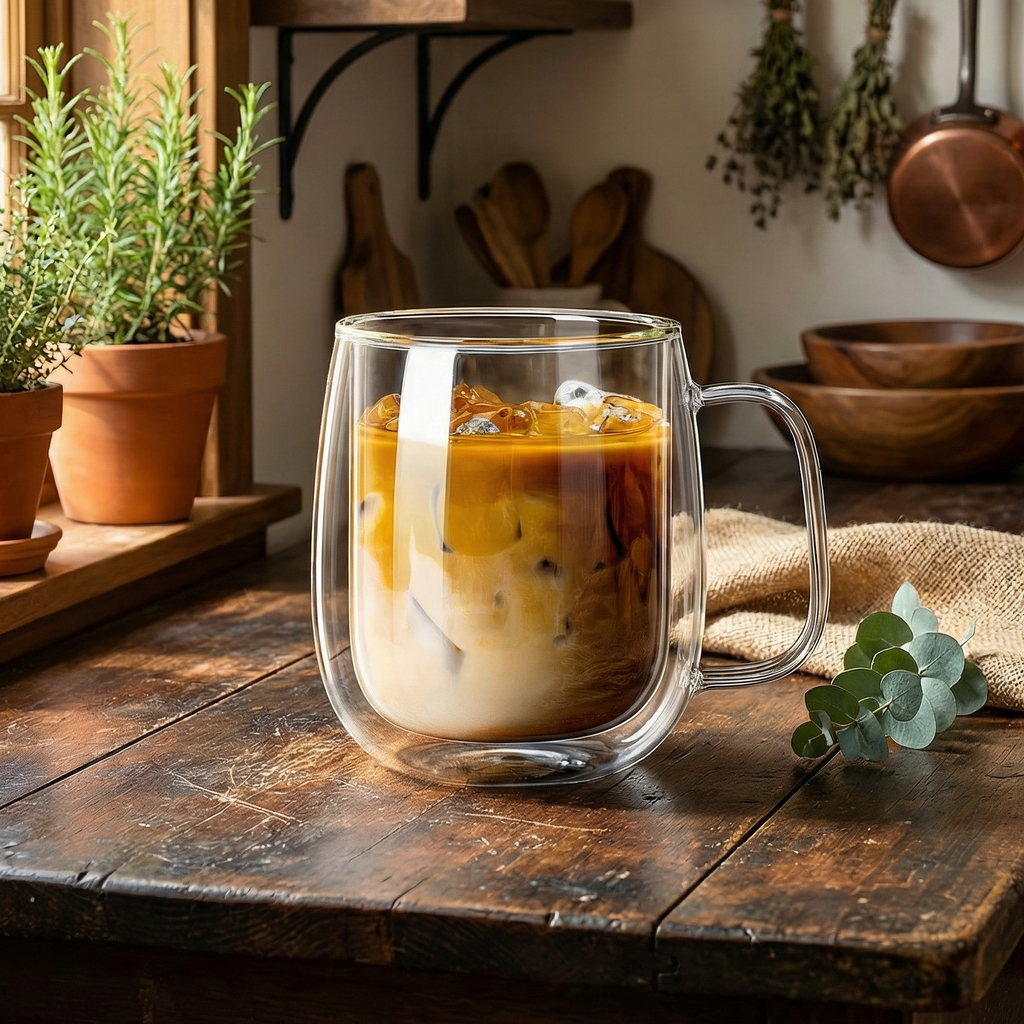 Doppelwandige Kaffeegläser aus Glas mit Henkel, 350 ml (11,8 fl oz), Schwebeeffekt und Isolierend