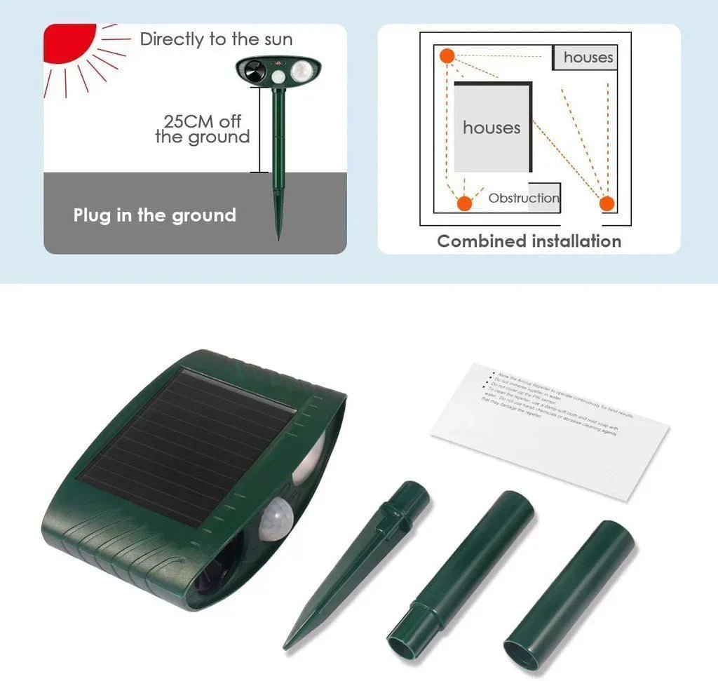 Solar Ultraschall-Tiervertreiber 2er-Set mit Bewegungssensor und Blinklicht Wetterfest für Garten Rasen und Beet - Bolania