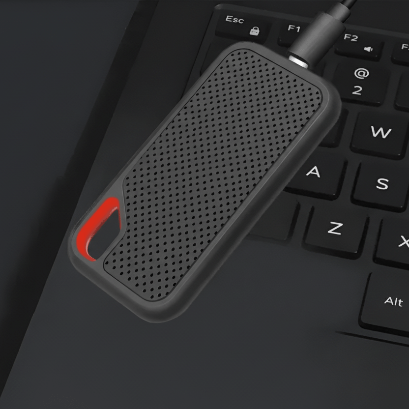 External USB SSD in Rugged Protective Casing with USB-C Connector and Carabiner Ring, Compact for Data Transport