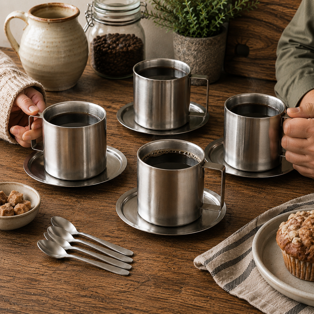 Kaffeetasse Edelstahl Doppelwandig mit Untertasse und Löffel, Matt, 300 ml (10,1 fl oz)