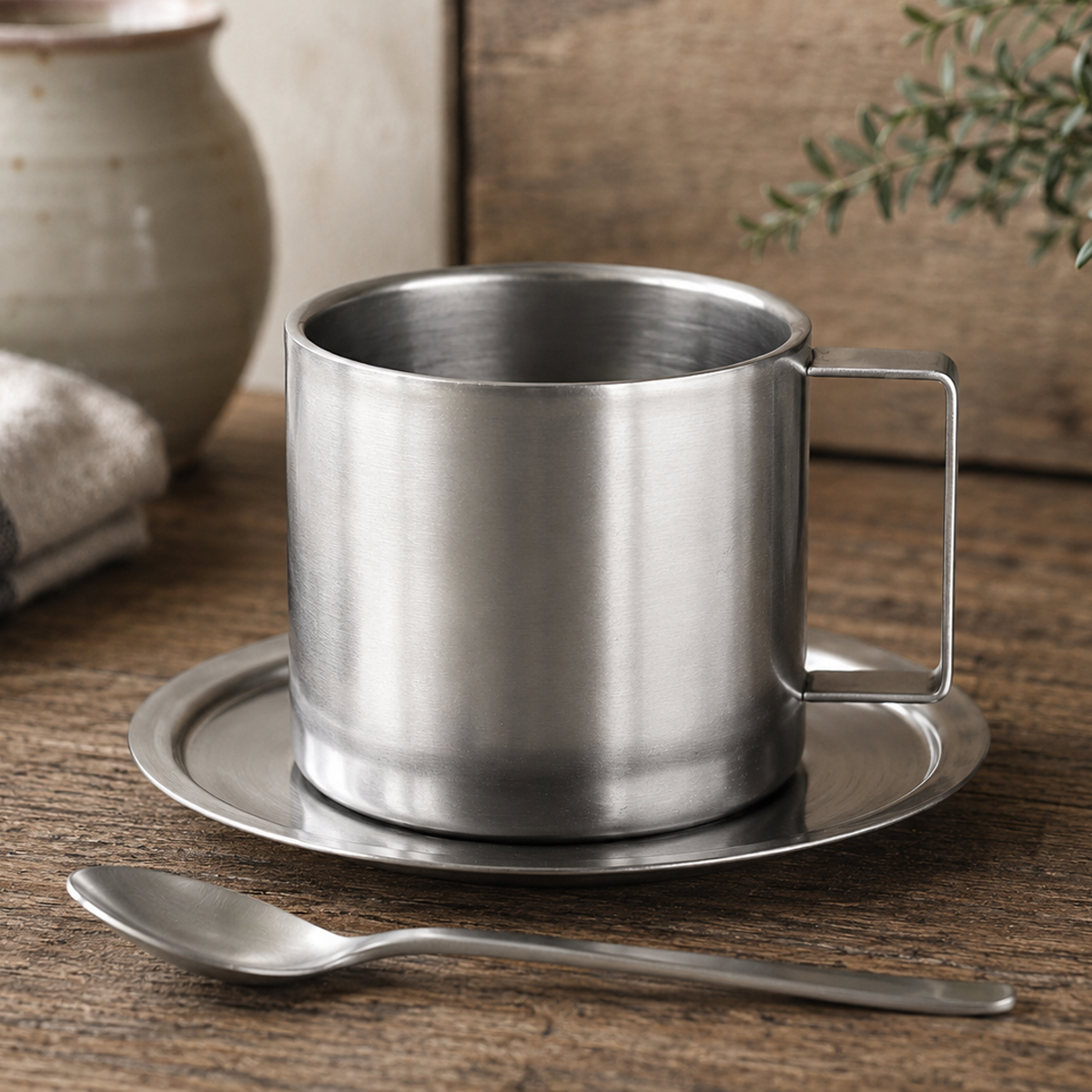 Kaffeetasse Edelstahl Doppelwandig mit Untertasse und Löffel, Matt, 300 ml (10,1 fl oz)