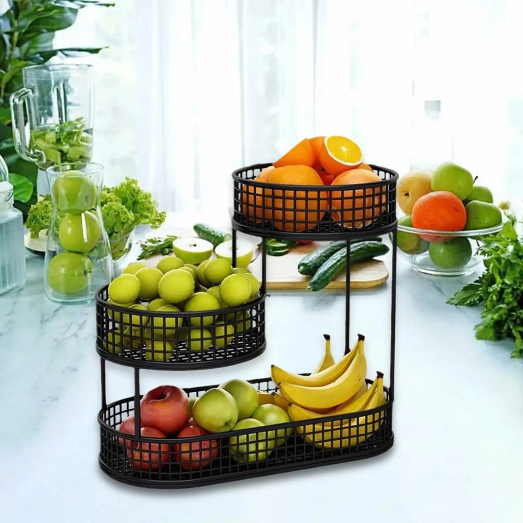 3-Tier Fruit Basket Made of Powder-Coated Metal Offset Ventilated for Fruits, Snacks, and Bread in the Kitchen