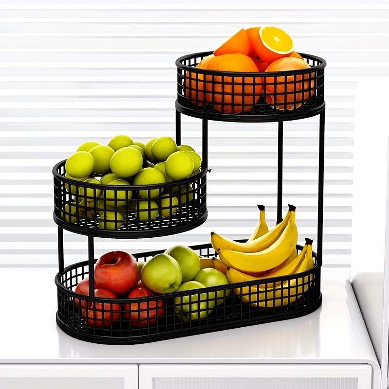 3-Tier Fruit Basket Made of Powder-Coated Metal Offset Ventilated for Fruits, Snacks, and Bread in the Kitchen