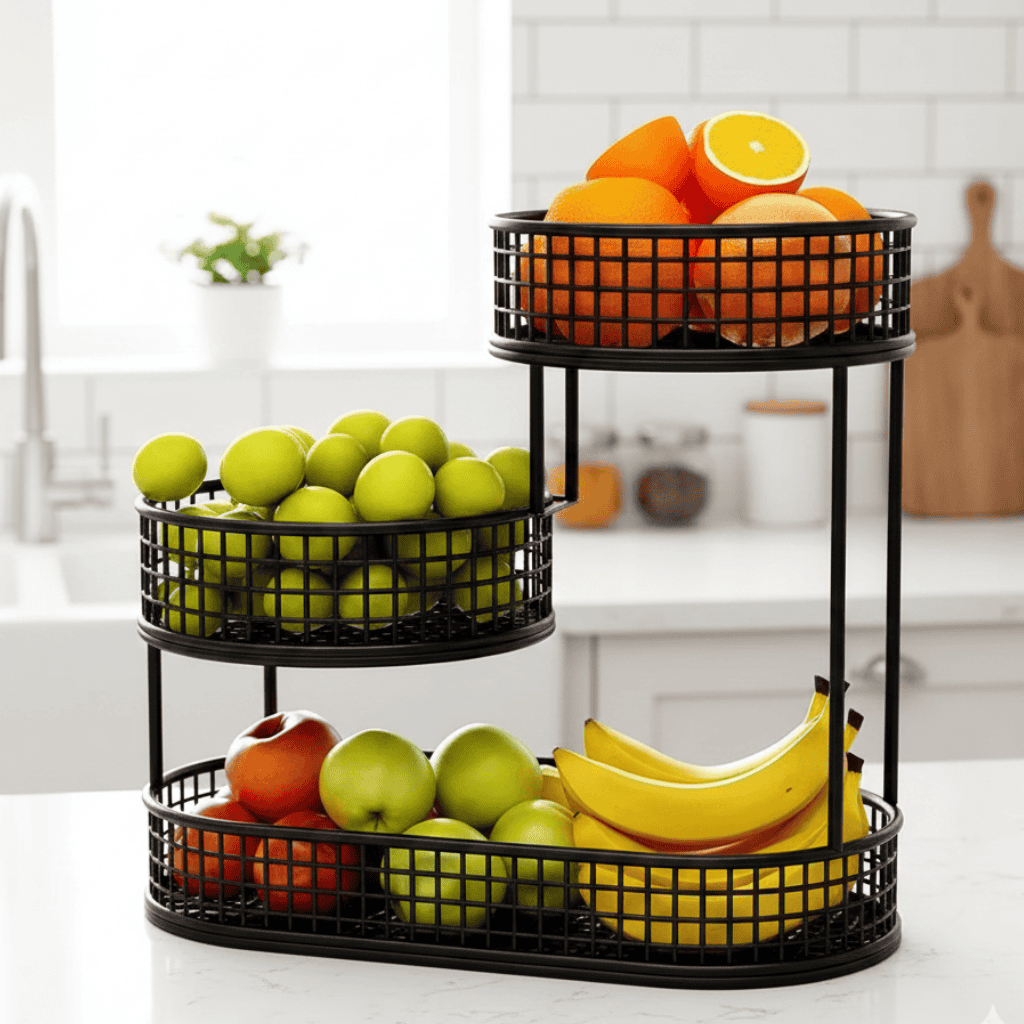 3-Tier Fruit Basket Made of Powder-Coated Metal Offset Ventilated for Fruits, Snacks, and Bread in the Kitchen