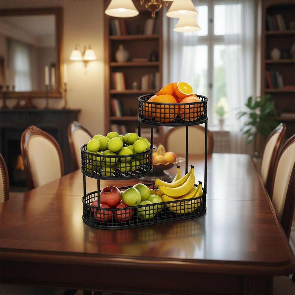 3-Tier Fruit Basket Made of Powder-Coated Metal Offset Ventilated for Fruits, Snacks, and Bread in the Kitchen