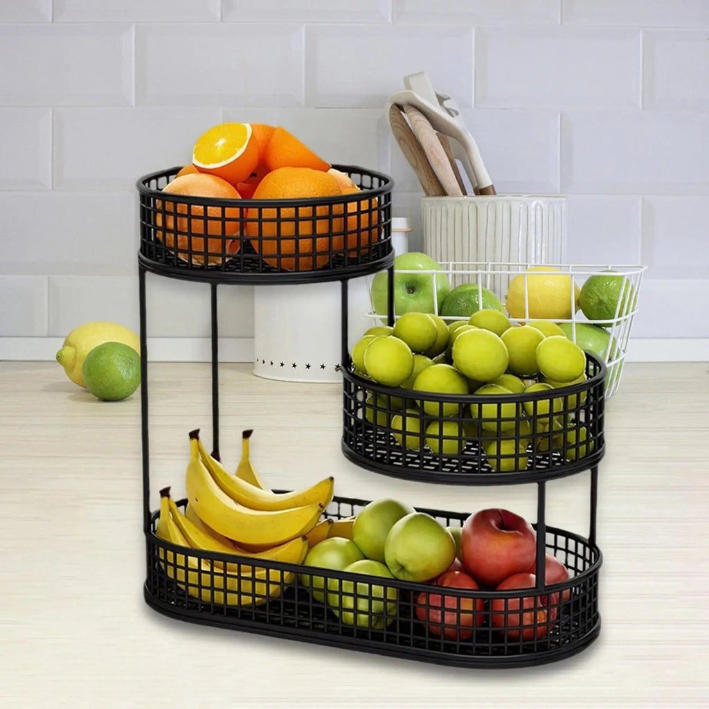 3-Tier Fruit Basket Made of Powder-Coated Metal Offset Ventilated for Fruits, Snacks, and Bread in the Kitchen