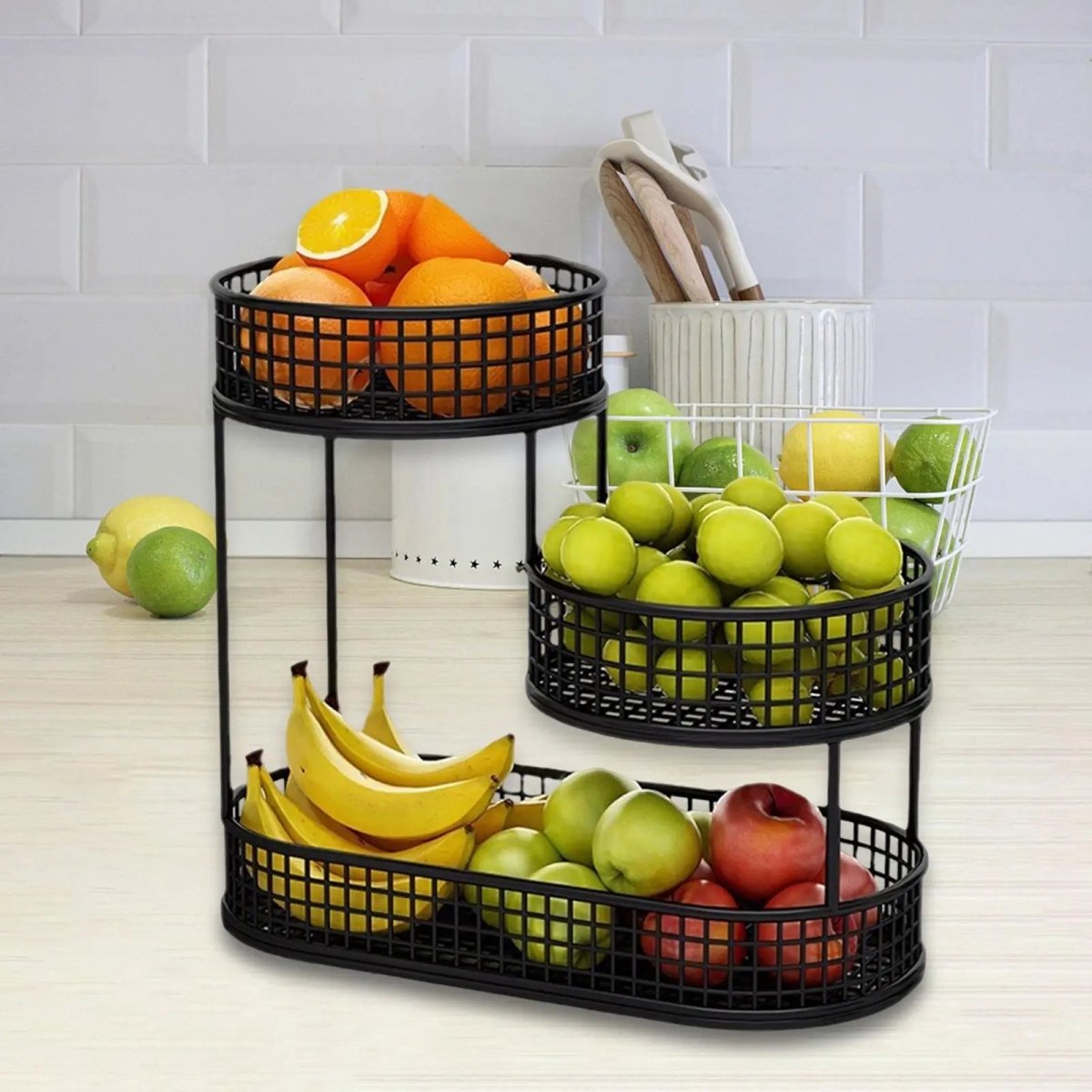 3-Tier Fruit Basket Made of Powder-Coated Metal Offset Ventilated for Fruits, Snacks, and Bread in the Kitchen
